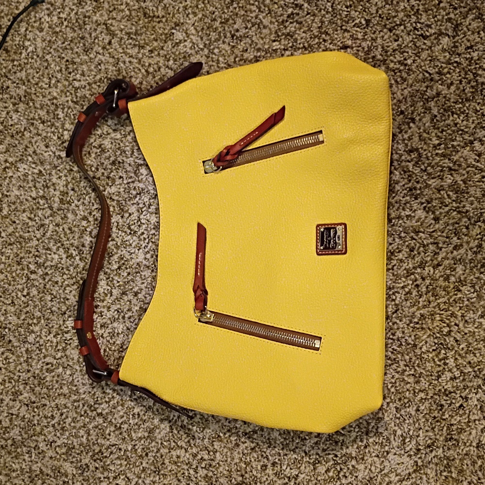 Dooney & Bourke Light Yellow Pebble Leather Shoulder Hobo with Brown Trim